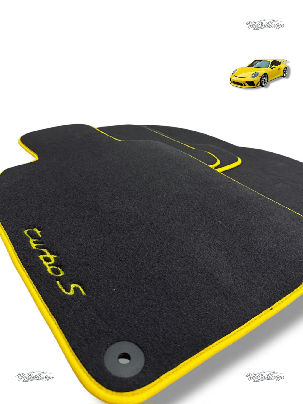 Porsche Cayman 987 (2009-2012) Custom Fit Floor Mats TurboS Logo - Full Set Angled View | VipCarDesign
