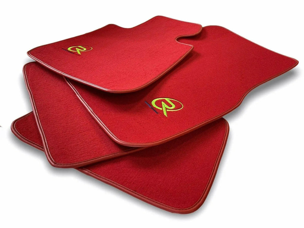 Red Floor Mats For BMW G60 (2023-2026) Sedan ROVBUT Brand Tailored Set Perfect Fit Green SNIP Collection Custom Fit Premium Velour Floor Mats