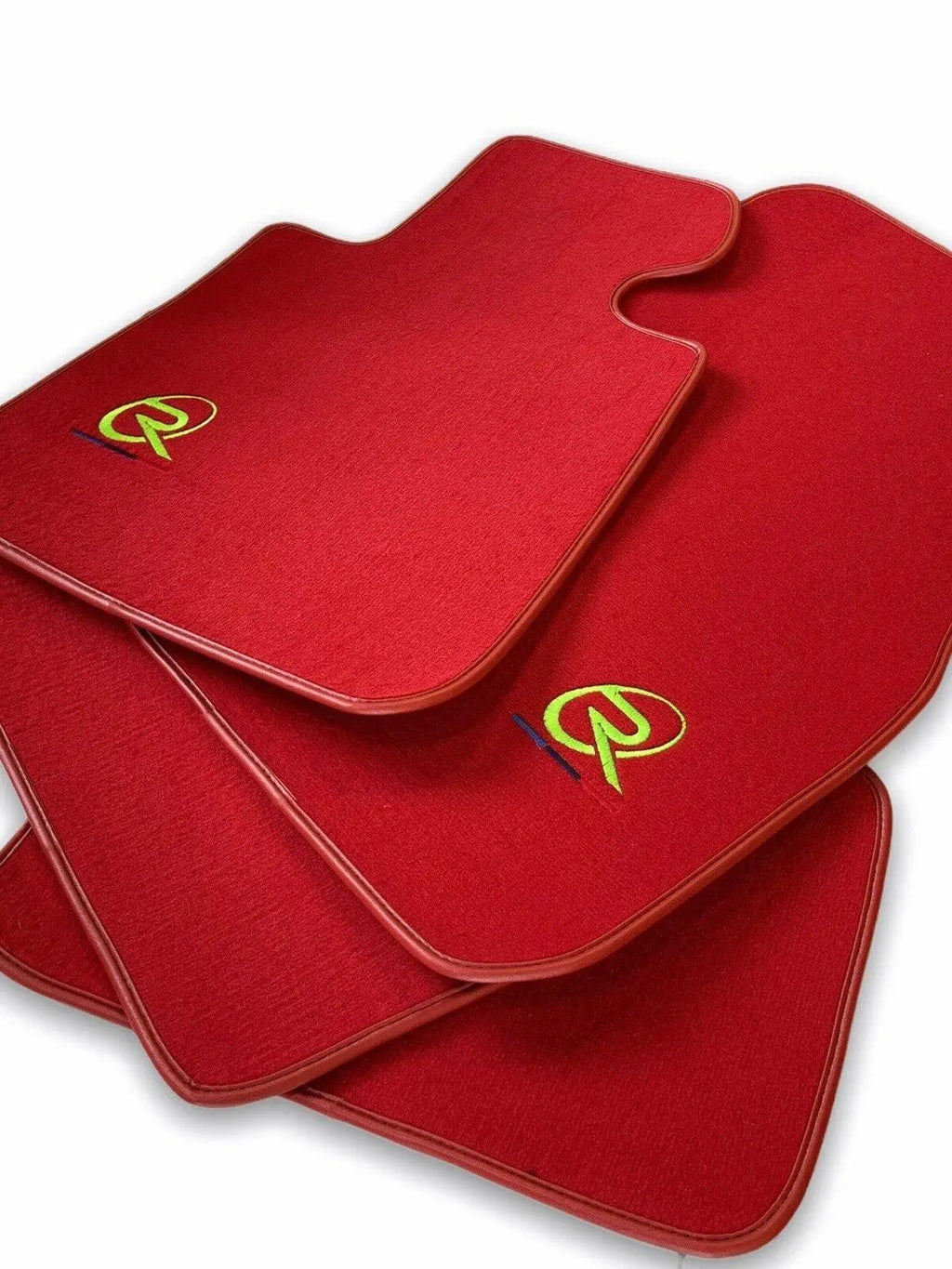 Red Floor Mats For BMW G61 (2023-2026) Touring ROVBUT Brand Tailored Set Perfect Fit Green SNIP Collection Custom Fit Premium Velour Floor Mats