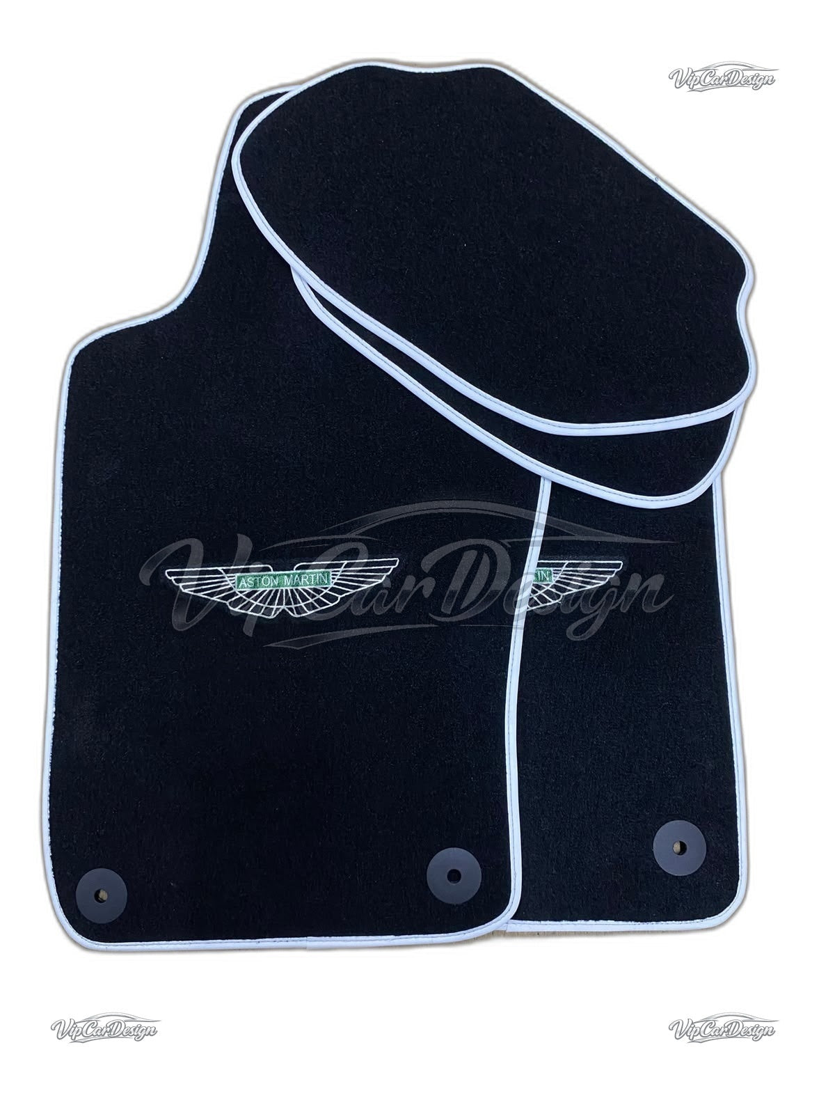 Aston Martin DB11 (2016-2023) Custom Fit Velour Floor Mats - Green Wings Logo with White Edging - Set Top View | VipCarDesign