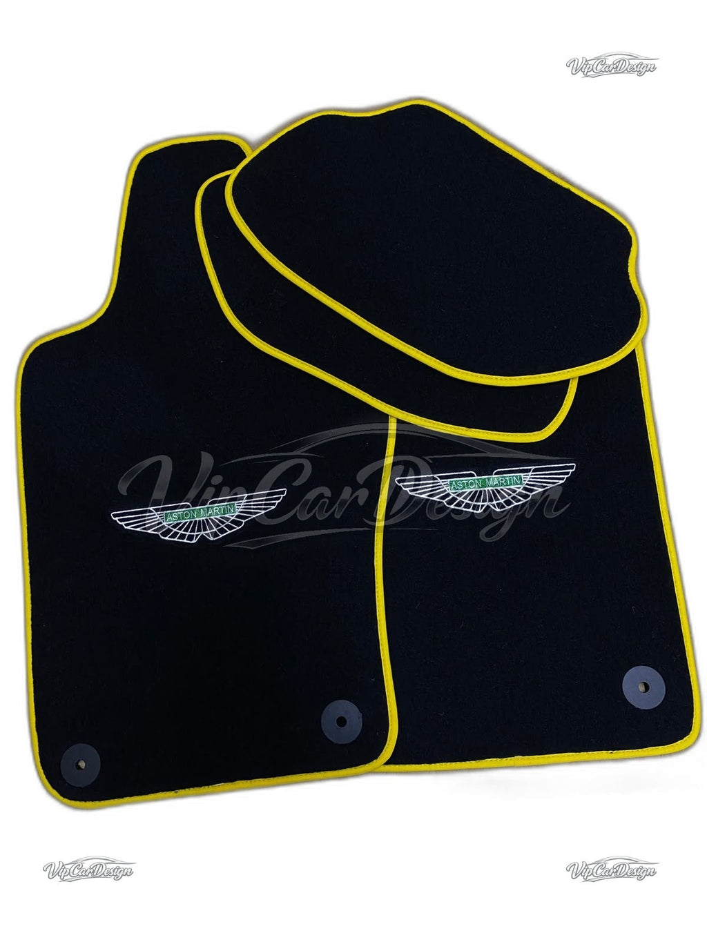Aston Martin DB9 (2004-2016) Custom Fit Velour Floor Mats - Green Wings Logo with Yellow Edging - Full Set Angled View | VipCarDesign