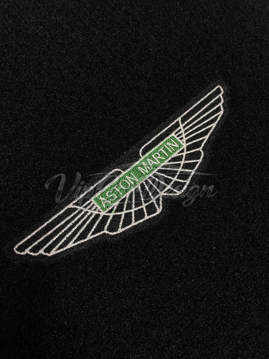 Aston Martin DBX (2020-2023) Custom Fit Velour Floor Mats - Green Wings Logo with Green Edging - Embroidered Logo Detail | VipCarDesign