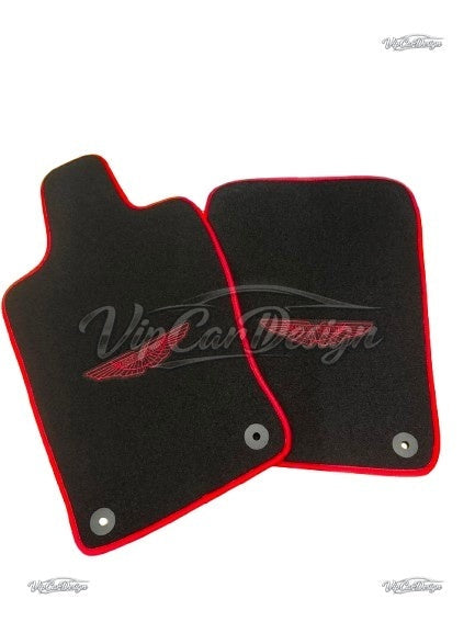 Aston Martin V12 Vanquish (2001-2005) Custom Fit Velour Floor Mats - Red Wings Logo with Red Edging - Front Floor Mats | VipCarDesign