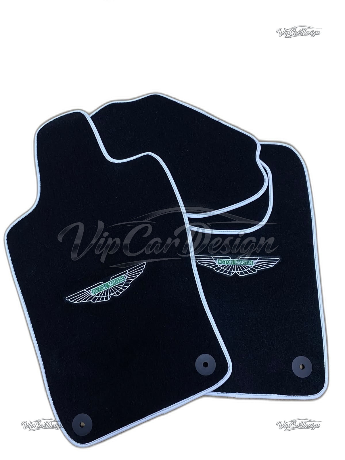 Aston Martin V12 Vanquish (2012-2018) Custom Fit Velour Floor Mats - Green Wings Logo with White Edging - Full Set Angled View | VipCarDesign