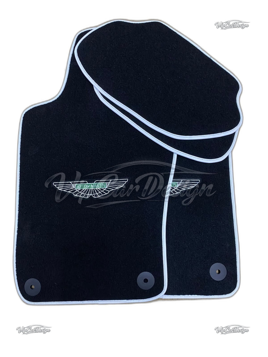 Aston Martin V12 Vanquish (2012-2018) Custom Fit Velour Floor Mats - Green Wings Logo with White Edging - Set Top View | VipCarDesign
