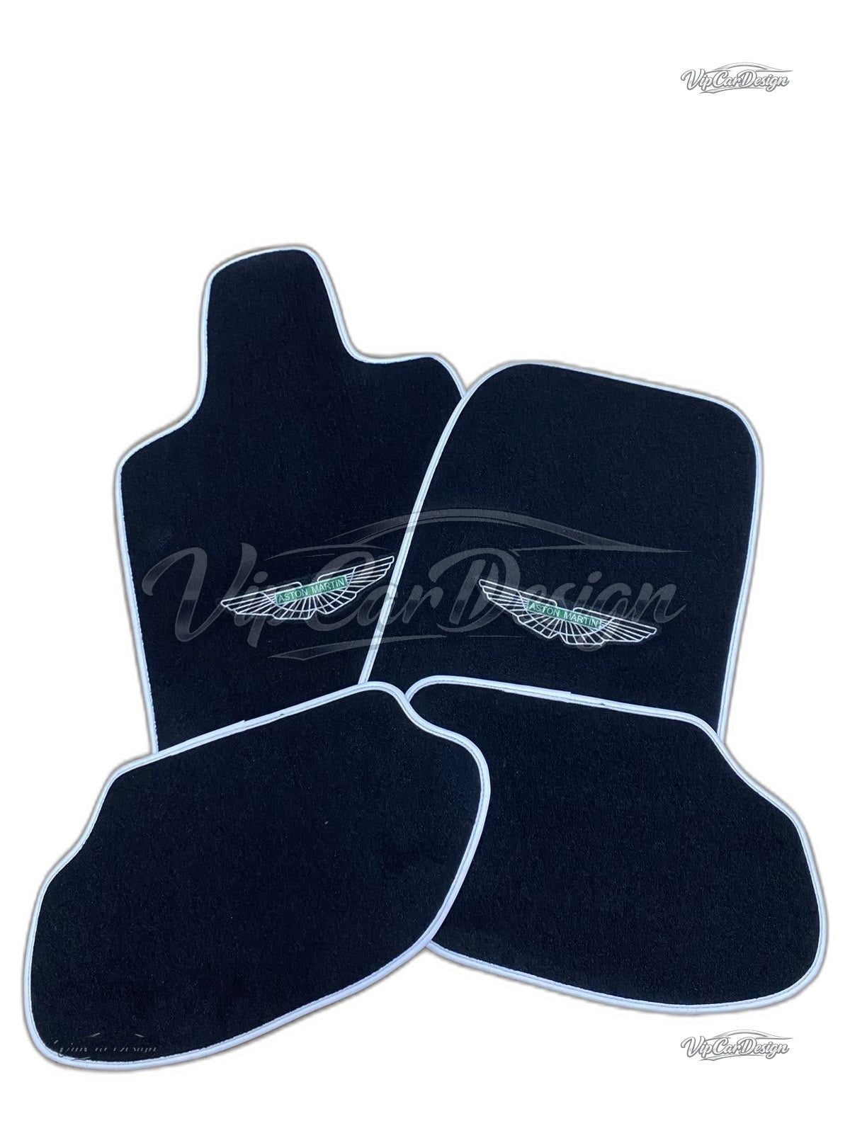Aston Martin V12 Vanquish S (2004-2007) Custom Fit Velour Floor Mats - Green Wings Logo with White Edging - Complete Set Overview | VipCarDesign