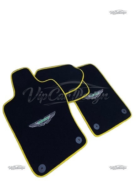 Aston Martin V12 Vanquish S (2004-2007) Custom Fit Velour Floor Mats - Green Wings Logo with Yellow Edging - Front Floor Mats | VipCarDesign