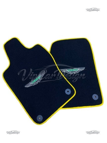 Aston Martin V12 Vanquish S (2004-2007) Custom Fit Velour Floor Mats - Green Wings Logo with Yellow Edging - Rear Floor Mats | VipCarDesign