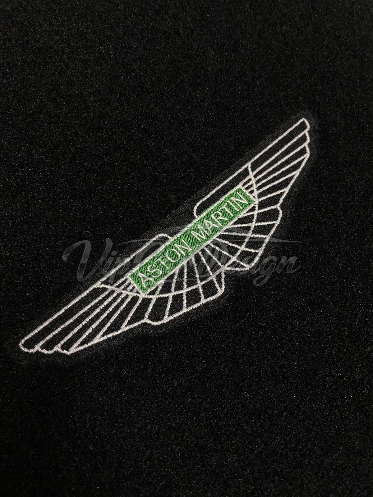 Aston Martin V8 Vantage (2019-2025) Custom Fit Velour Floor Mats - Green Wings Logo with Green Edging - Embroidered Logo Detail | VipCarDesign