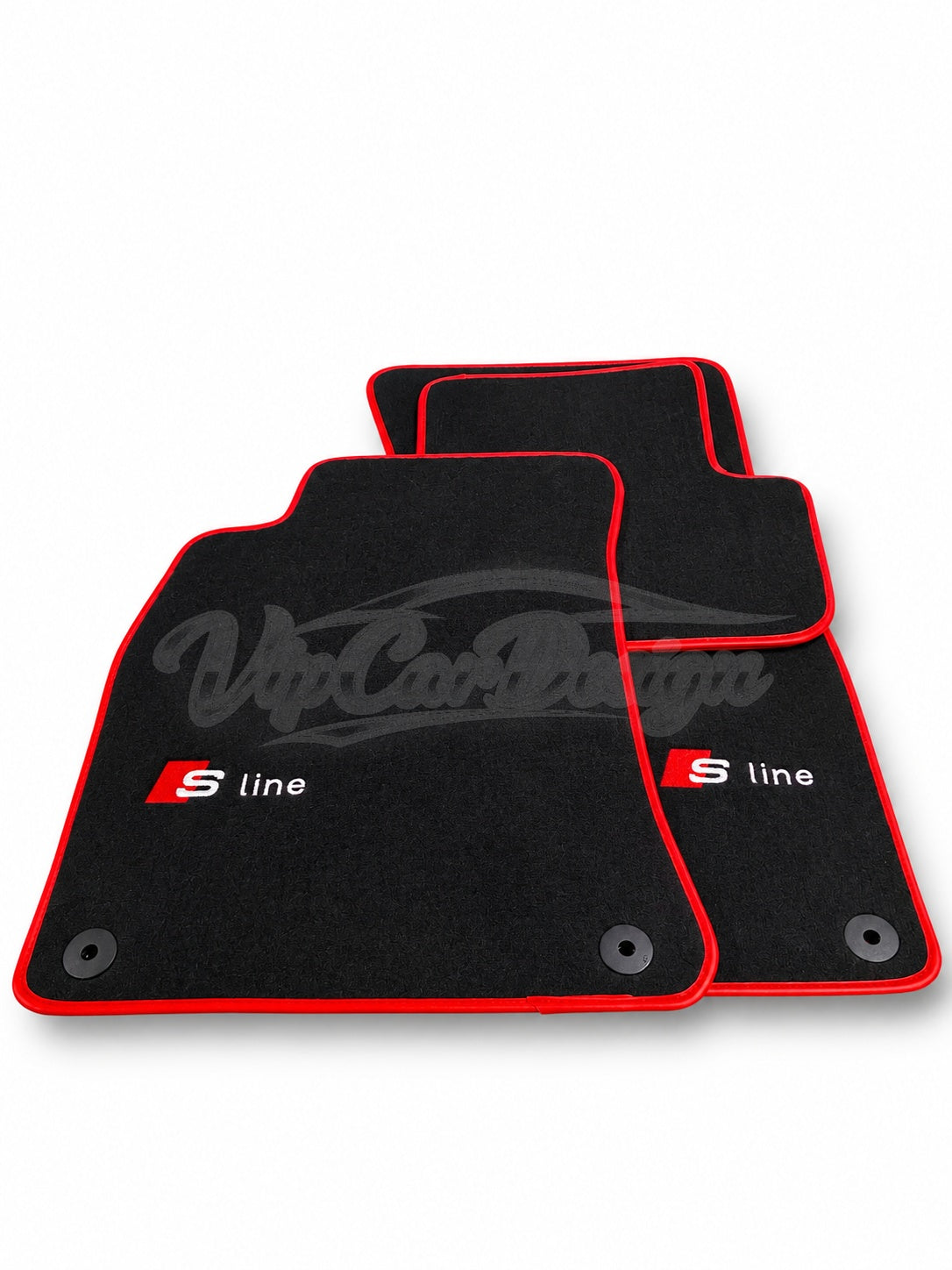 Audi A4 - B9 Avant (2018-2019) Custom Fit Velour Floor Mats - S-Line Logo - Red Edging - Full Set Angled View | VipCarDesign
