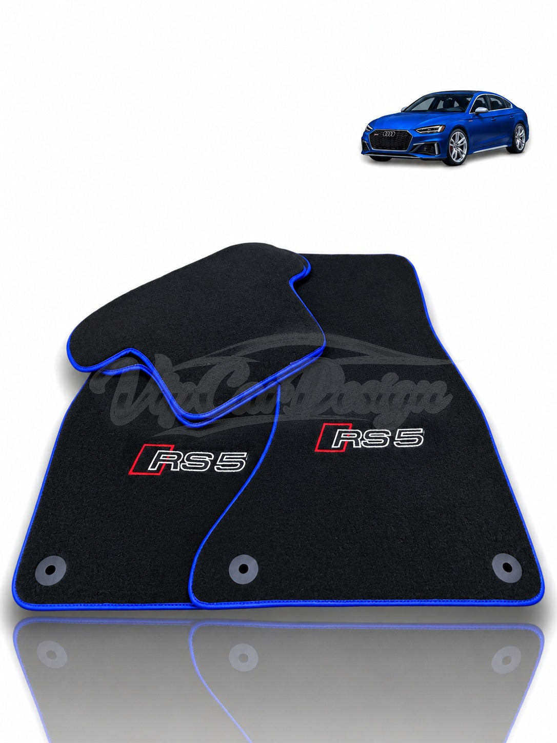 Audi RS 5 B9 5-Door Sportback (2017-2024) Custom Fit Velour Floor Mats - RS 5 Logo - Blue Edging - Full Set Angled View | VipCarDesign