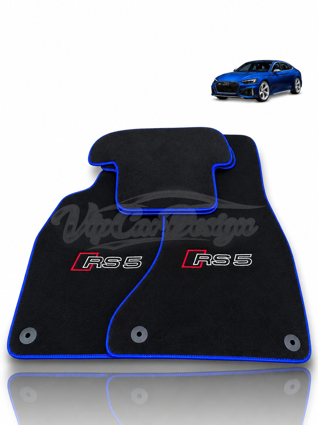 Audi RS 5 B9 5-Door Sportback (2017-2024) Custom Fit Velour Floor Mats - RS 5 Logo - Blue Edging - Front Floor Mats | VipCarDesign