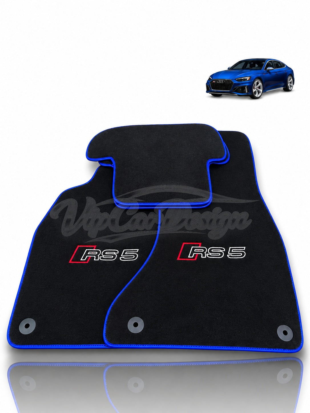 Audi RS 5 B9 5-Door Sportback (2017-2024) Custom Fit Velour Floor Mats - RS 5 Logo - Blue Edging - Front Floor Mats | VipCarDesign