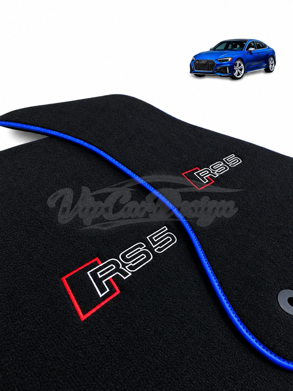 Audi RS 5 B9 5-Door Sportback (2017-2024) Custom Fit Velour Floor Mats - RS 5 Logo - Blue Edging - Embroidered Logo Detail | VipCarDesign