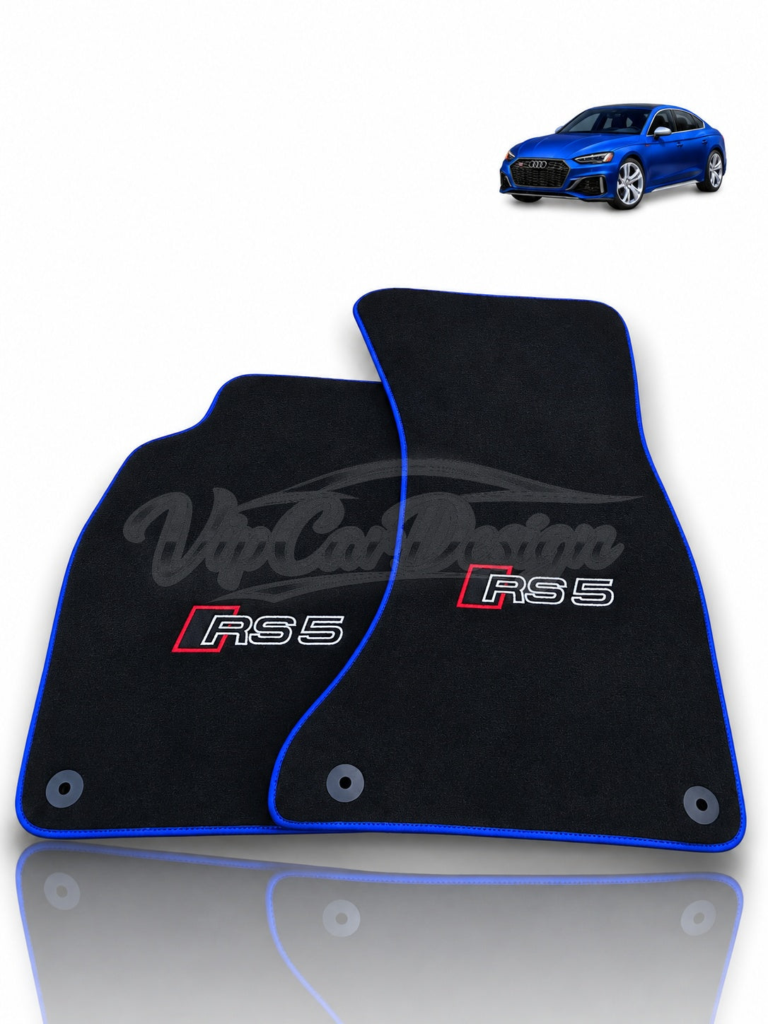 Audi RS 5 B9 5-Door Sportback (2017-2024) Custom Fit Velour Floor Mats - RS 5 Logo - Blue Edging - Rear Floor Mats | VipCarDesign