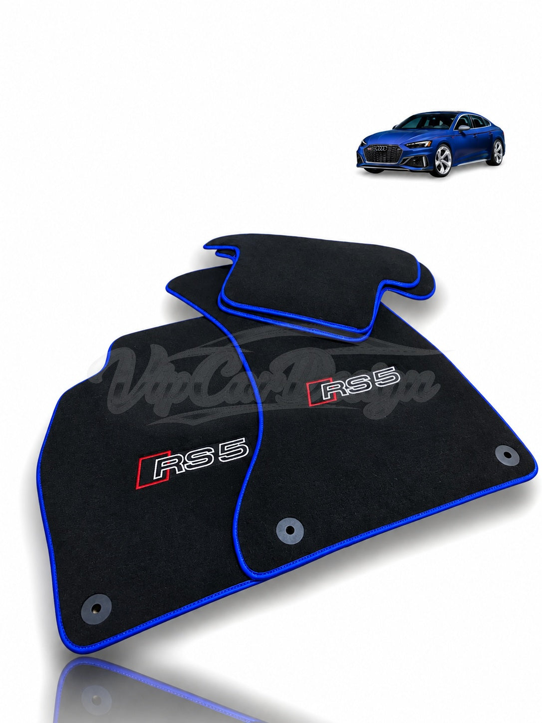 Audi RS 5 B9 5-Door Sportback (2017-2024) Custom Fit Velour Floor Mats - RS 5 Logo - Blue Edging - Complete Set Overview | VipCarDesign