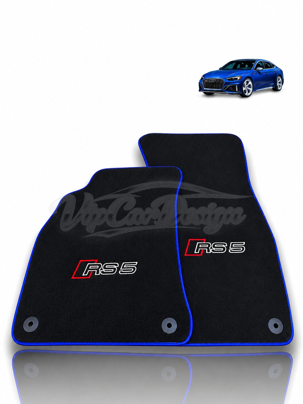 Audi RS 5 B9 5-Door Sportback (2017-2024) Custom Fit Velour Floor Mats - RS 5 Logo - Blue Edging - Set Top View | VipCarDesign