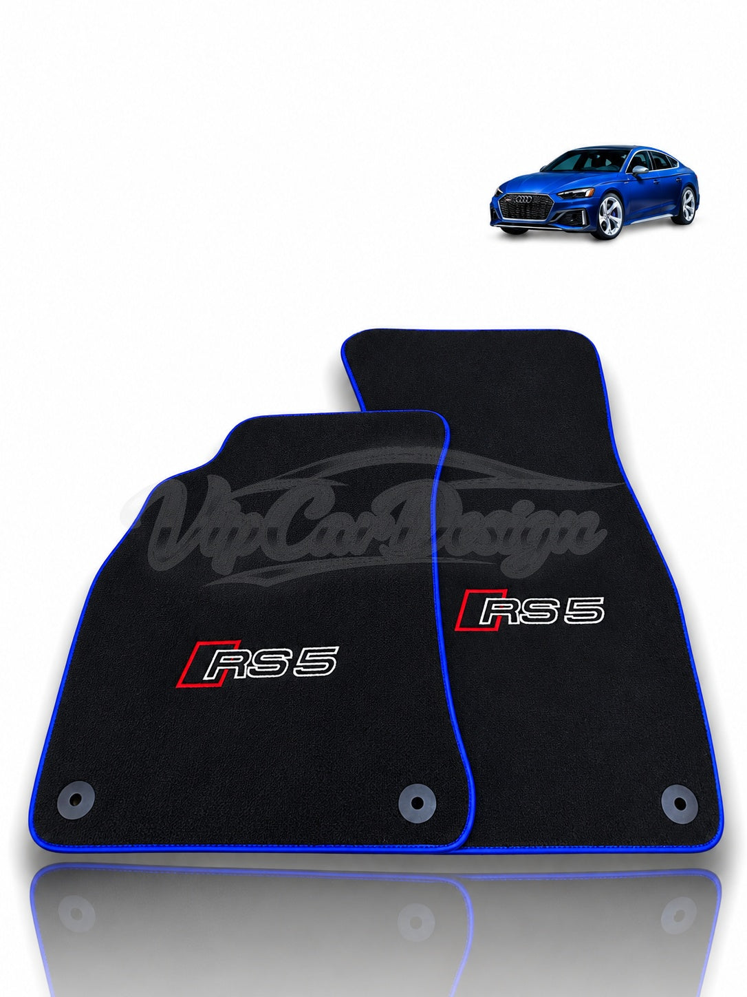 Audi RS 5 B9 5-Door Sportback (2017-2024) Custom Fit Velour Floor Mats - RS 5 Logo - Blue Edging - Set Top View | VipCarDesign