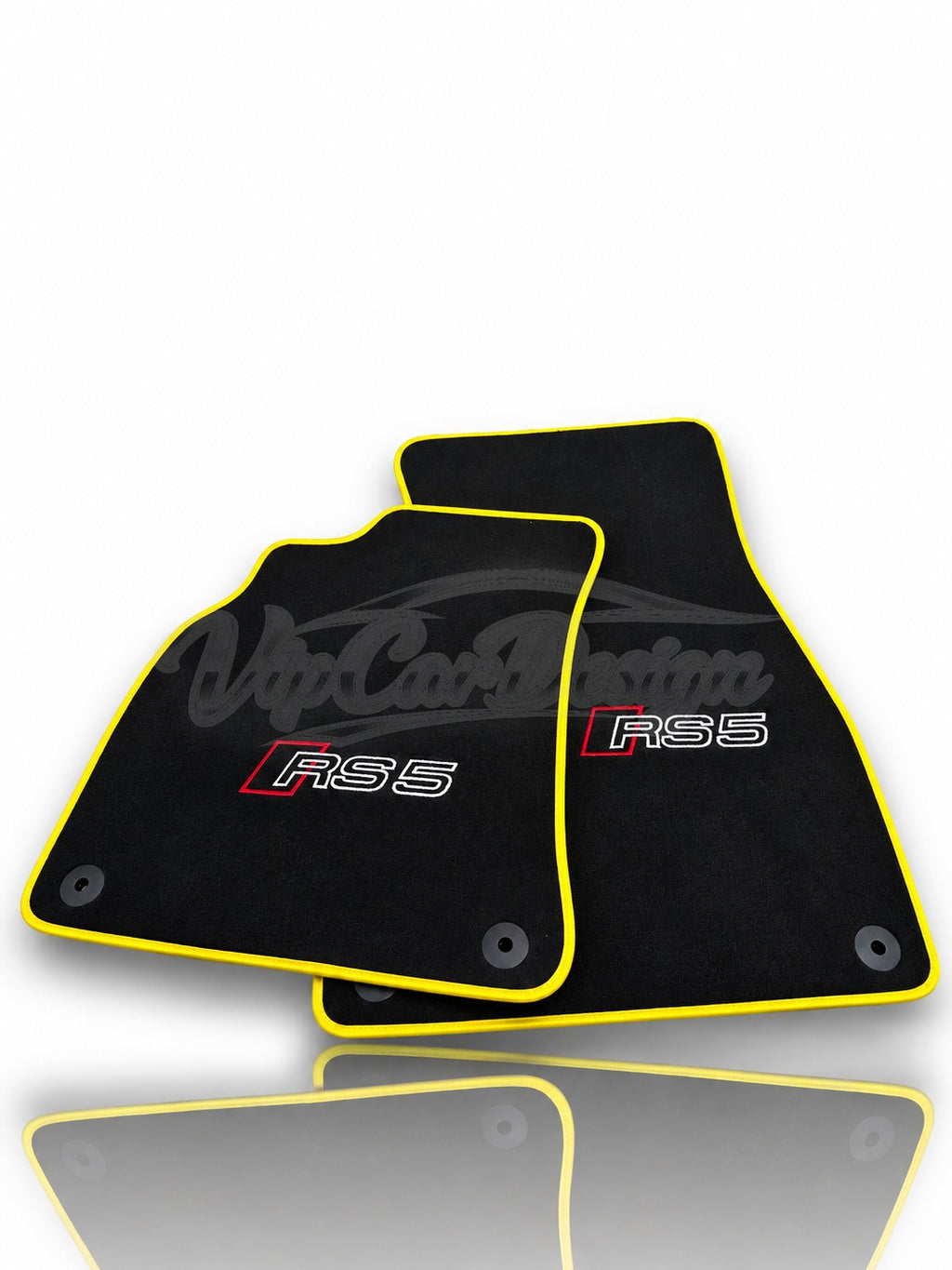 Audi RS 5 B9 5-Door Sportback (2017-2024) Custom Fit Velour Floor Mats - RS 5 Logo - Yellow Edging - Full Set Angled View | VipCarDesign