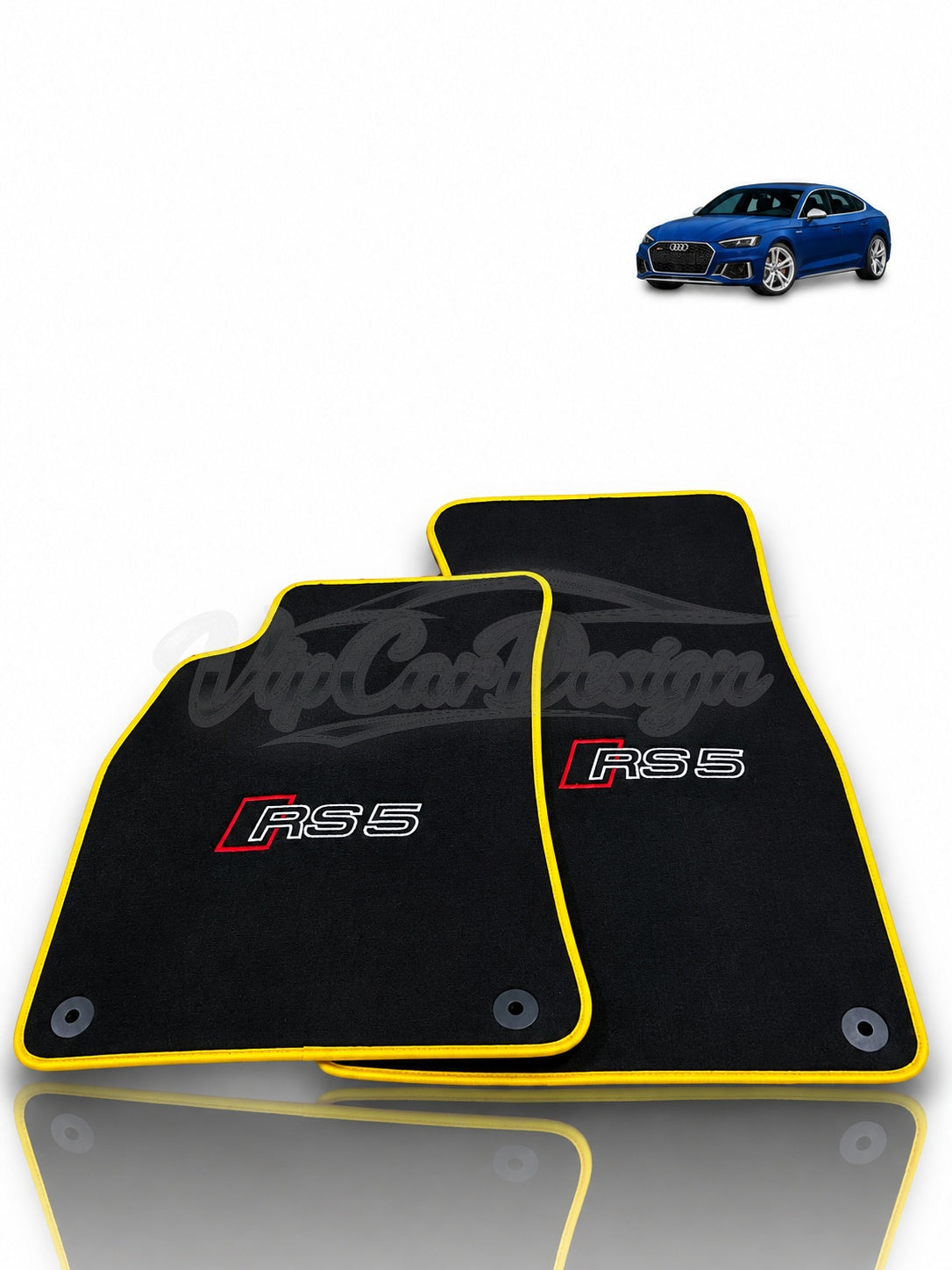 Audi RS 5 B9 5-Door Sportback (2017-2024) Custom Fit Velour Floor Mats - RS 5 Logo - Yellow Edging - Front Floor Mats | VipCarDesign