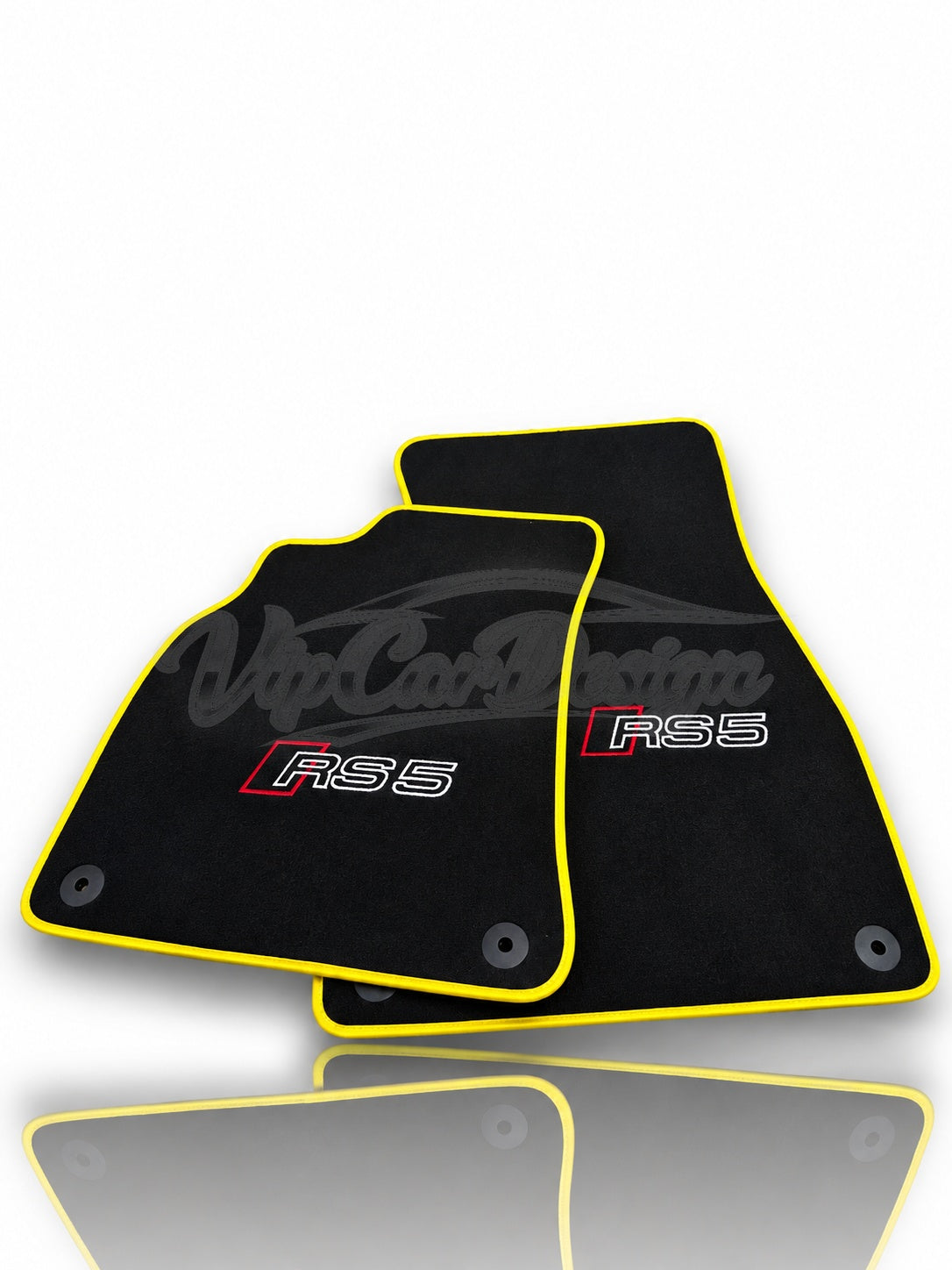 Audi RS 5 B9 5-Door Sportback (2017-2024) Custom Fit Velour Floor Mats - RS 5 Logo - Yellow Edging - Complete Set Overview | VipCarDesign