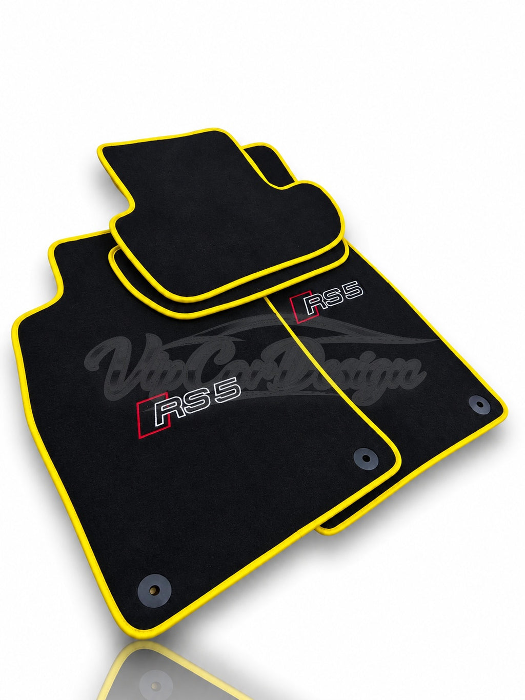Audi RS 5 B9 5-Door Sportback (2017-2024) Custom Fit Velour Floor Mats - RS 5 Logo - Yellow Edging - Set Top View | VipCarDesign