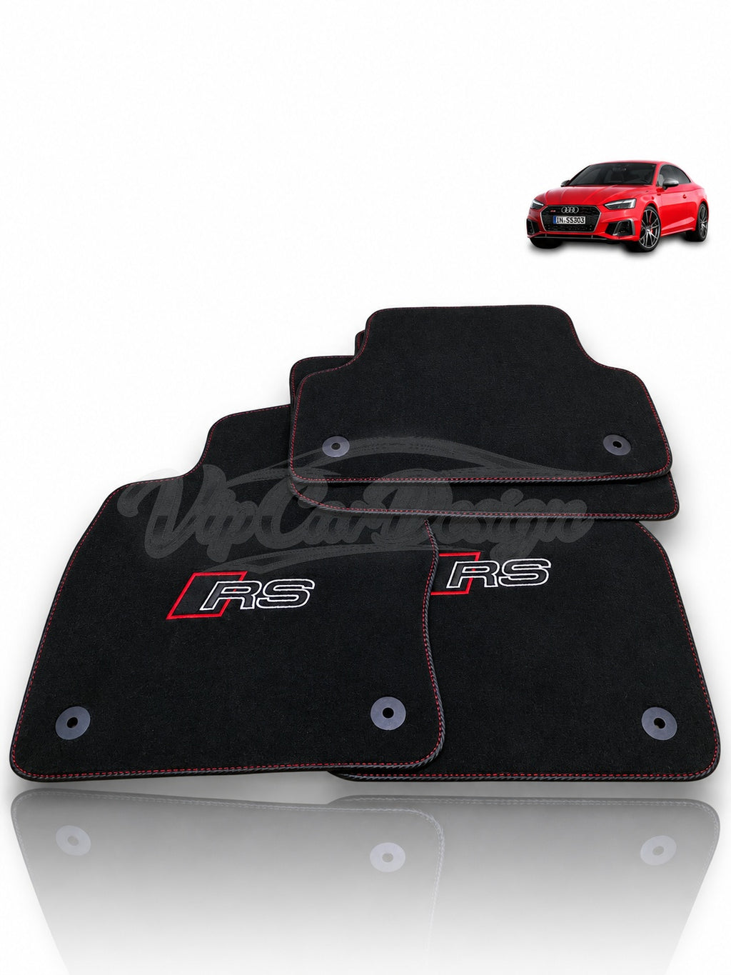 Audi RS 6 C6 (2008-2010) Custom Fit Velour Floor Mats - RS Logo - Black Edging - Full Set Angled View | VipCarDesign