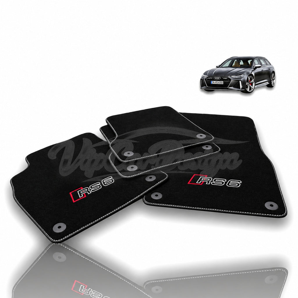 Audi RS 6 Plus C5 (2004) Custom Fit Velour Floor Mats - RS 6 Logo - Full Set Angled View | VipCarDesign
