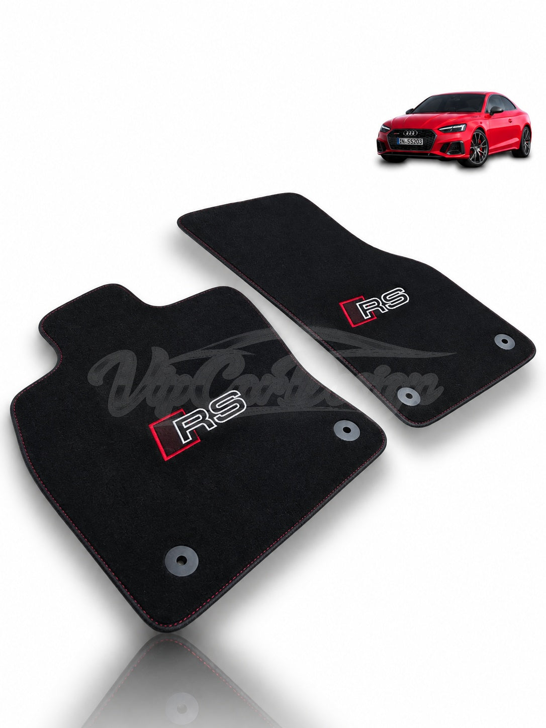 Audi RS 7 C7 5-Door Sportback (2013-2018) Custom Fit Velour Floor Mats - RS Logo - Black Edging - Complete Set Overview | VipCarDesign