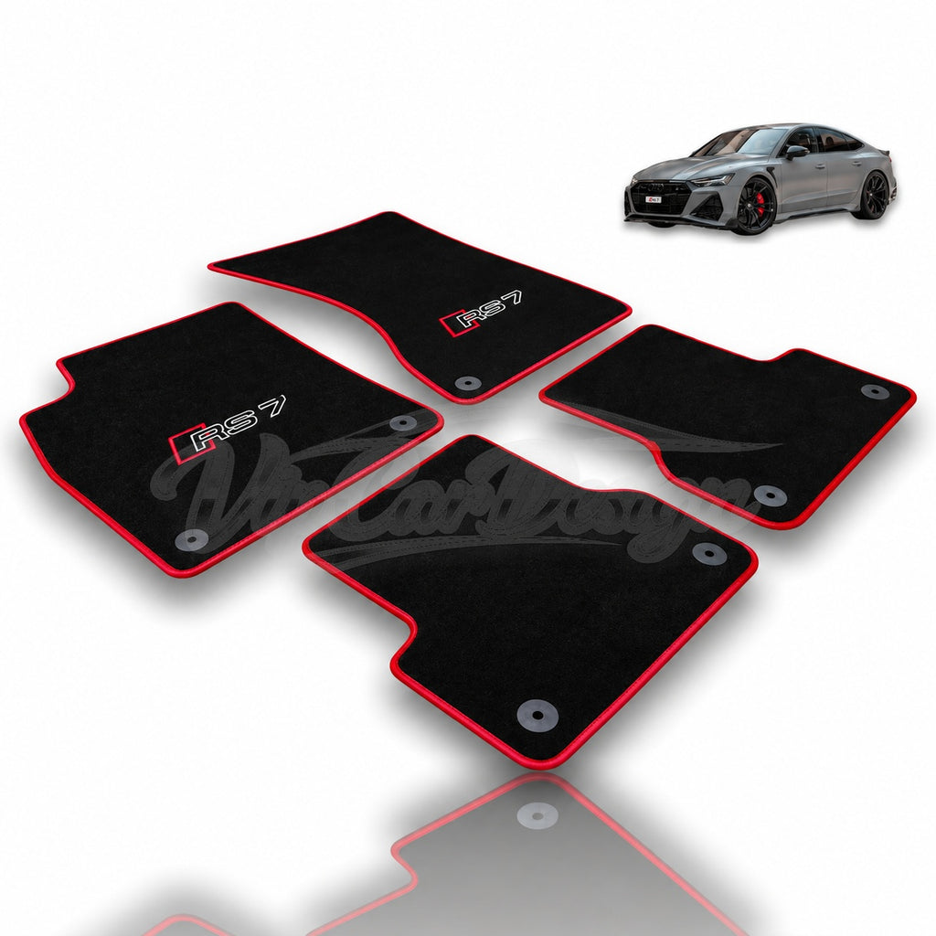 Audi RS 7 C7 5-Door Sportback (2013-2018) Custom Fit Velour Floor Mats - RS 7 Logo - Red Edging - Complete Set Overview | VipCarDesign