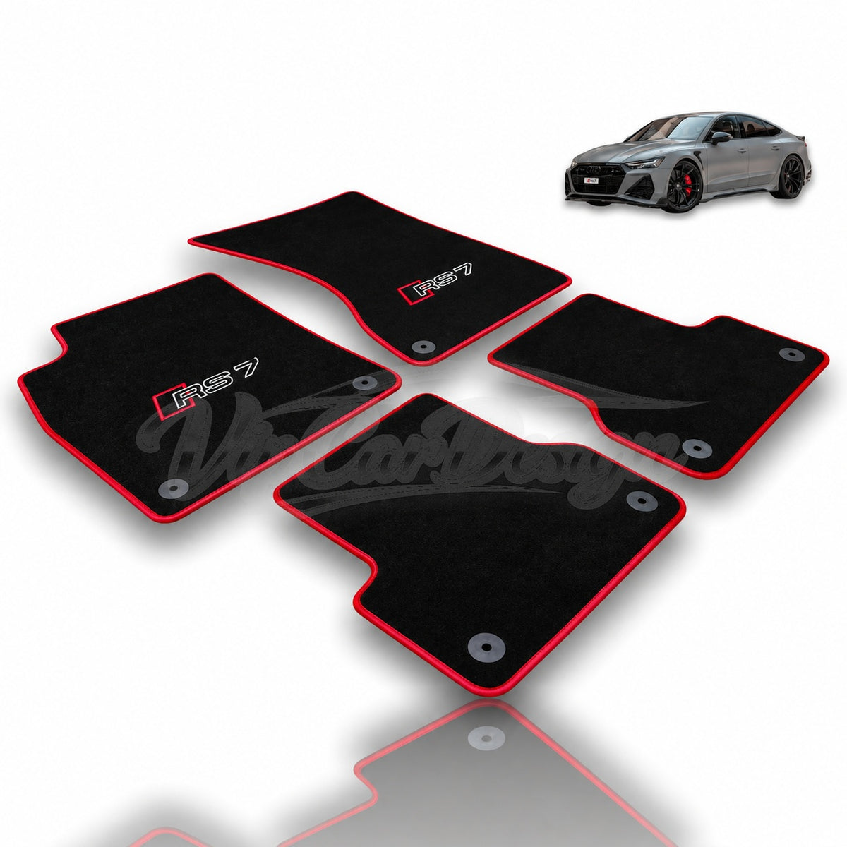 Audi RS 7 C7 5-Door Sportback (2013-2018) Custom Fit Velour Floor Mats - RS 7 Logo - Red Edging - Complete Set Overview | VipCarDesign