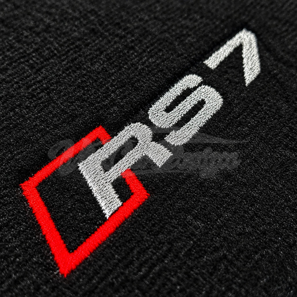 Audi RS 7 C8 5-Door Sportback (2019-2024) Custom Fit Velour Floor Mats - RS 7 Logo - Red Edging - Embroidered Logo Detail | VipCarDesign