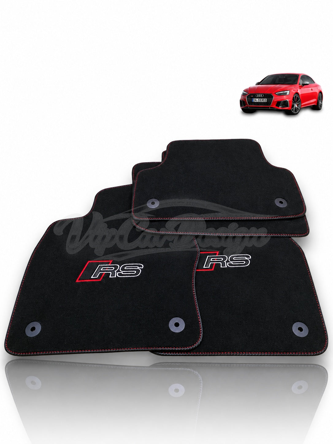 Audi RS Q3 (2013-2024) Custom Fit Velour Floor Mats - RS Logo - Black Edging - Full Set Angled View | VipCarDesign