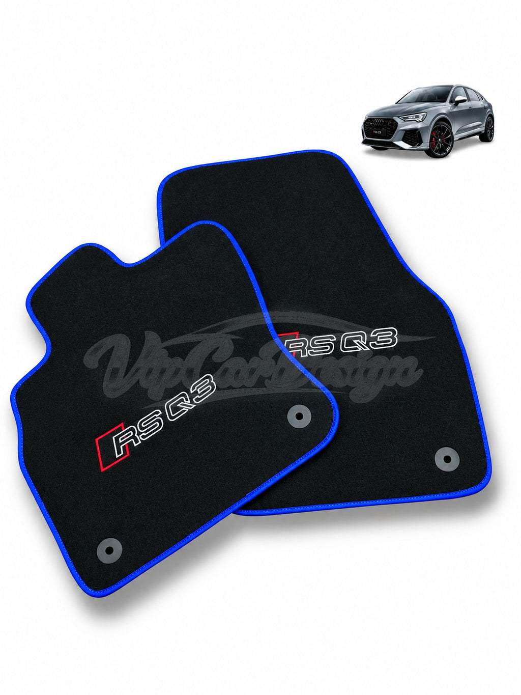 Audi RS Q3 (2013-2024) Custom Fit Velour Floor Mats - RS Q3 Logo - Blue Edging - Full Set Angled View | VipCarDesign