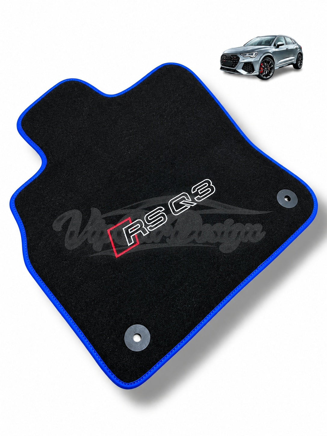 Audi RS Q3 (2013-2024) Custom Fit Velour Floor Mats - RS Q3 Logo - Blue Edging - Front Floor Mats | VipCarDesign