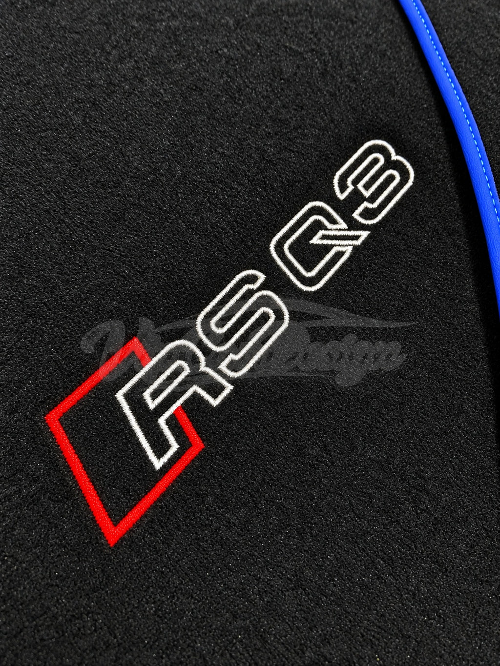 Audi RS Q3 (2013-2024) Custom Fit Velour Floor Mats - RS Q3 Logo - Blue Edging - Embroidered Logo Detail | VipCarDesign