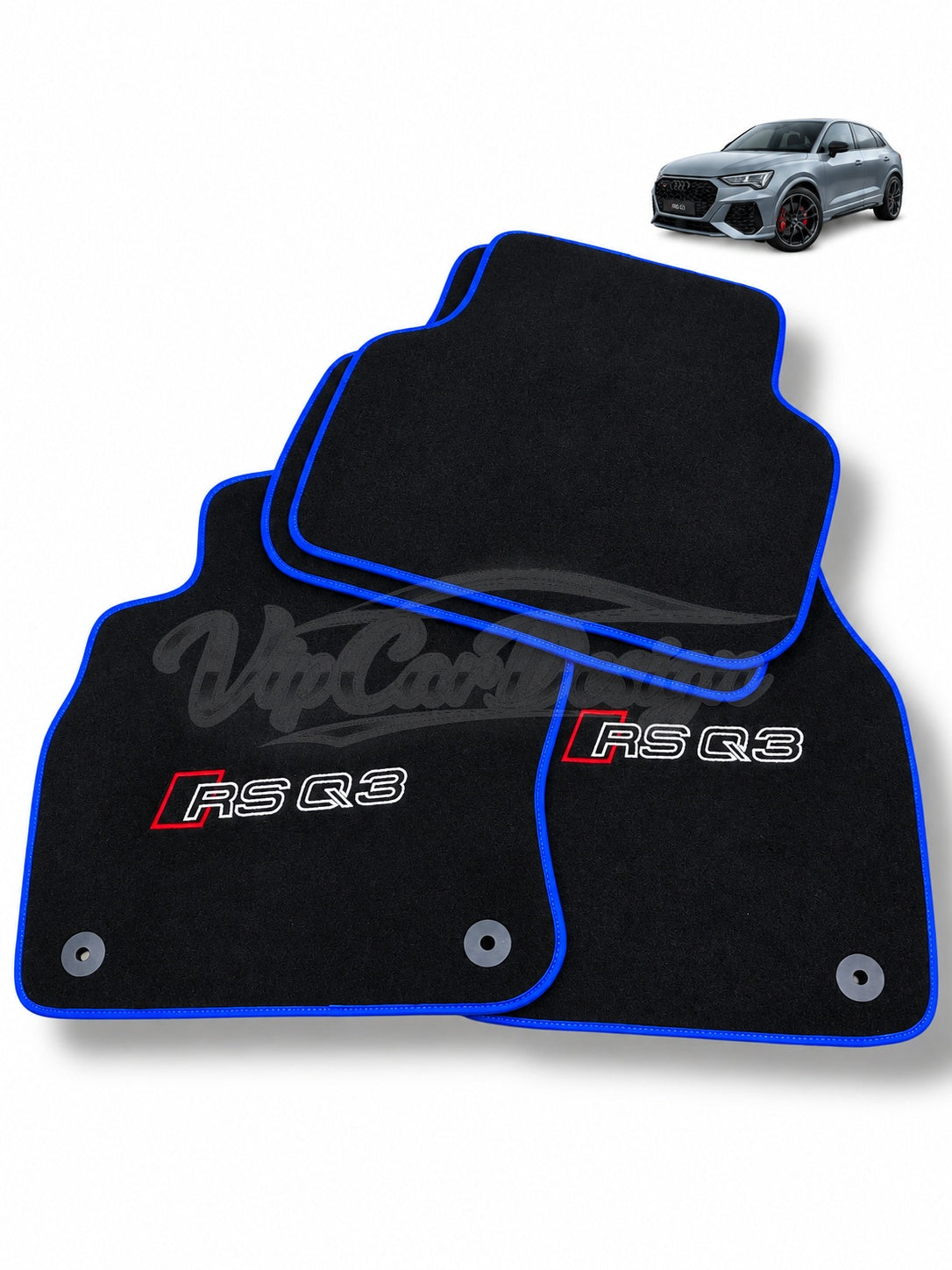 Audi RS Q3 (2013-2024) Custom Fit Velour Floor Mats - RS Q3 Logo - Blue Edging - Rear Floor Mats | VipCarDesign