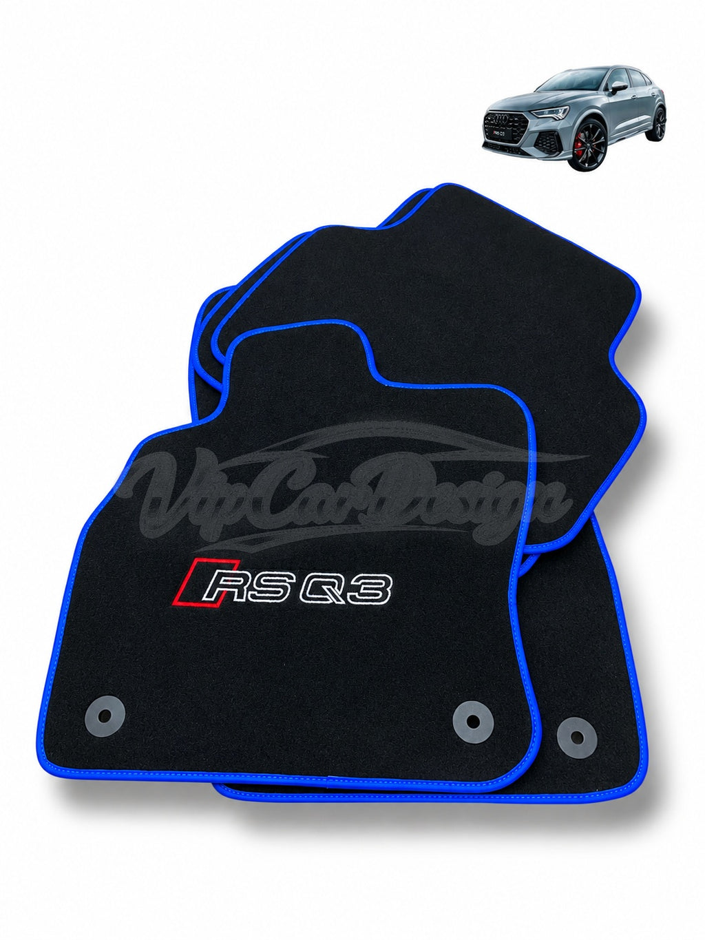 Audi RS Q3 (2013-2024) Custom Fit Velour Floor Mats - RS Q3 Logo - Blue Edging - Complete Set Overview | VipCarDesign