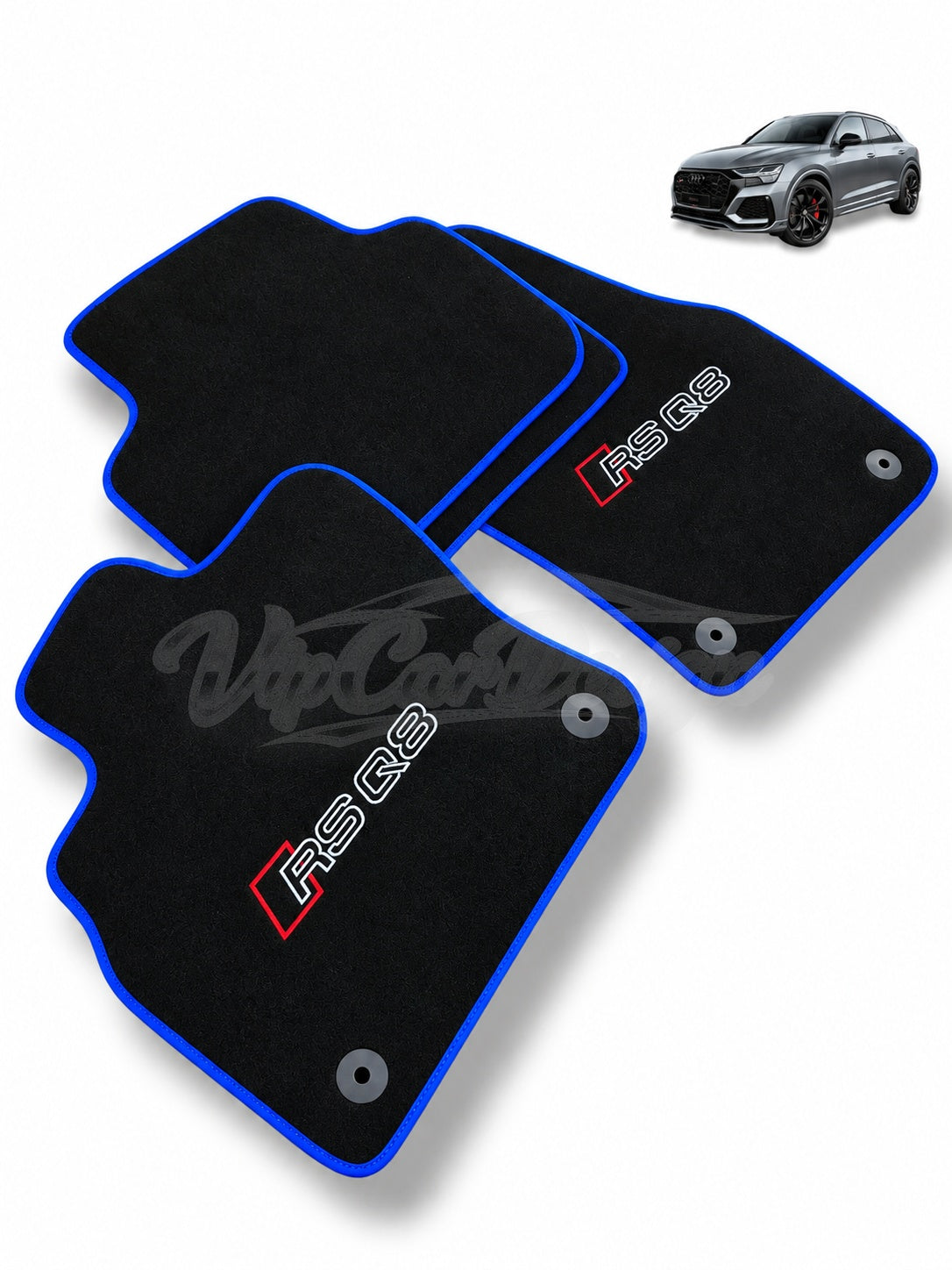 Audi RS Q3 (2013-2024) Custom Fit Velour Floor Mats - RS Q3 Logo - Blue Edging - Single Mat Detail | VipCarDesign