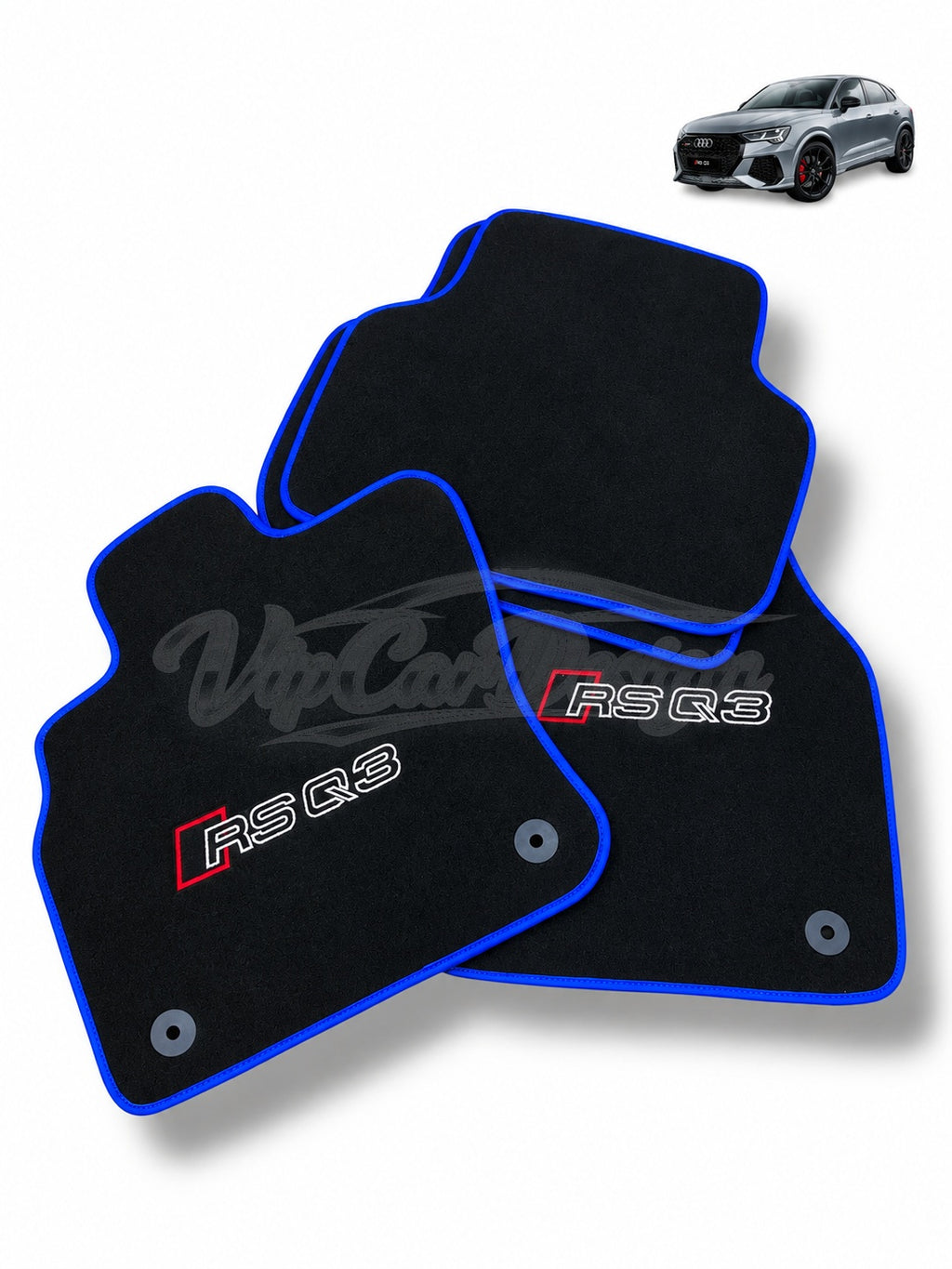 Audi RS Q3 (2013-2024) Custom Fit Velour Floor Mats - RS Q3 Logo - Blue Edging - Set Top View | VipCarDesign