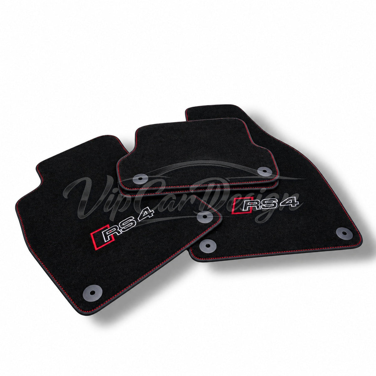Audi RS 4 B9 Avant (2017-2024) Custom Fit Floor Mats RS 4 Logo - Full Set Angled View | VipCarDesign