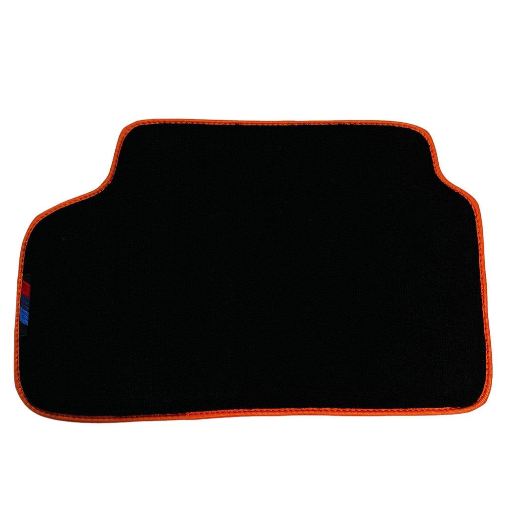 Black Floor Mats For BMW 2 Series U06 (2022-2026) | Orange Trim Custom Fit Premium Velour Floor Mats