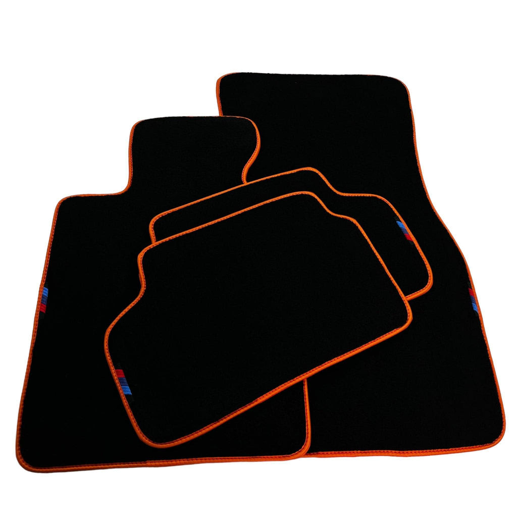 Black Floor Mats For BMW 2 Series U06 (2022-2026) | Orange Trim Custom Fit Premium Velour Floor Mats