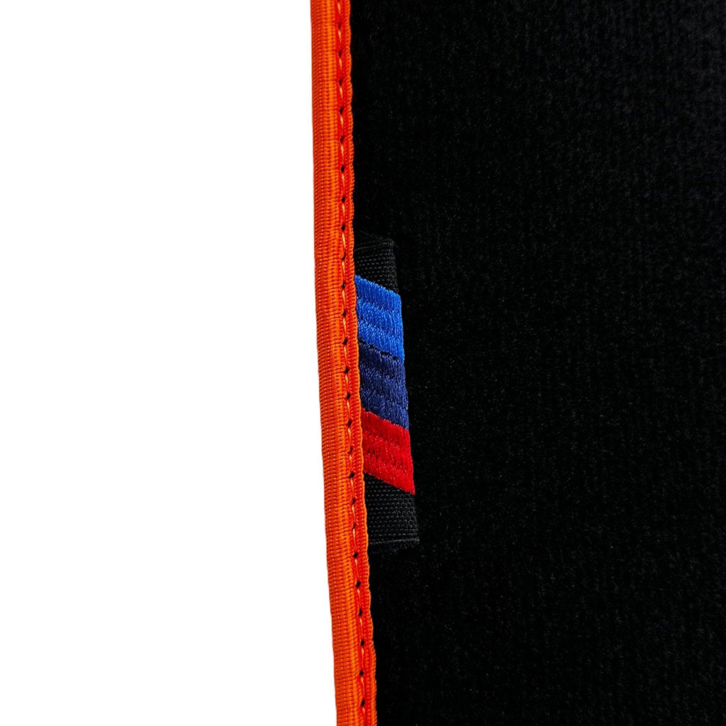 Black Floor Mats For BMW 2 Series U06 (2022-2026) | Orange Trim Custom Fit Premium Velour Floor Mats