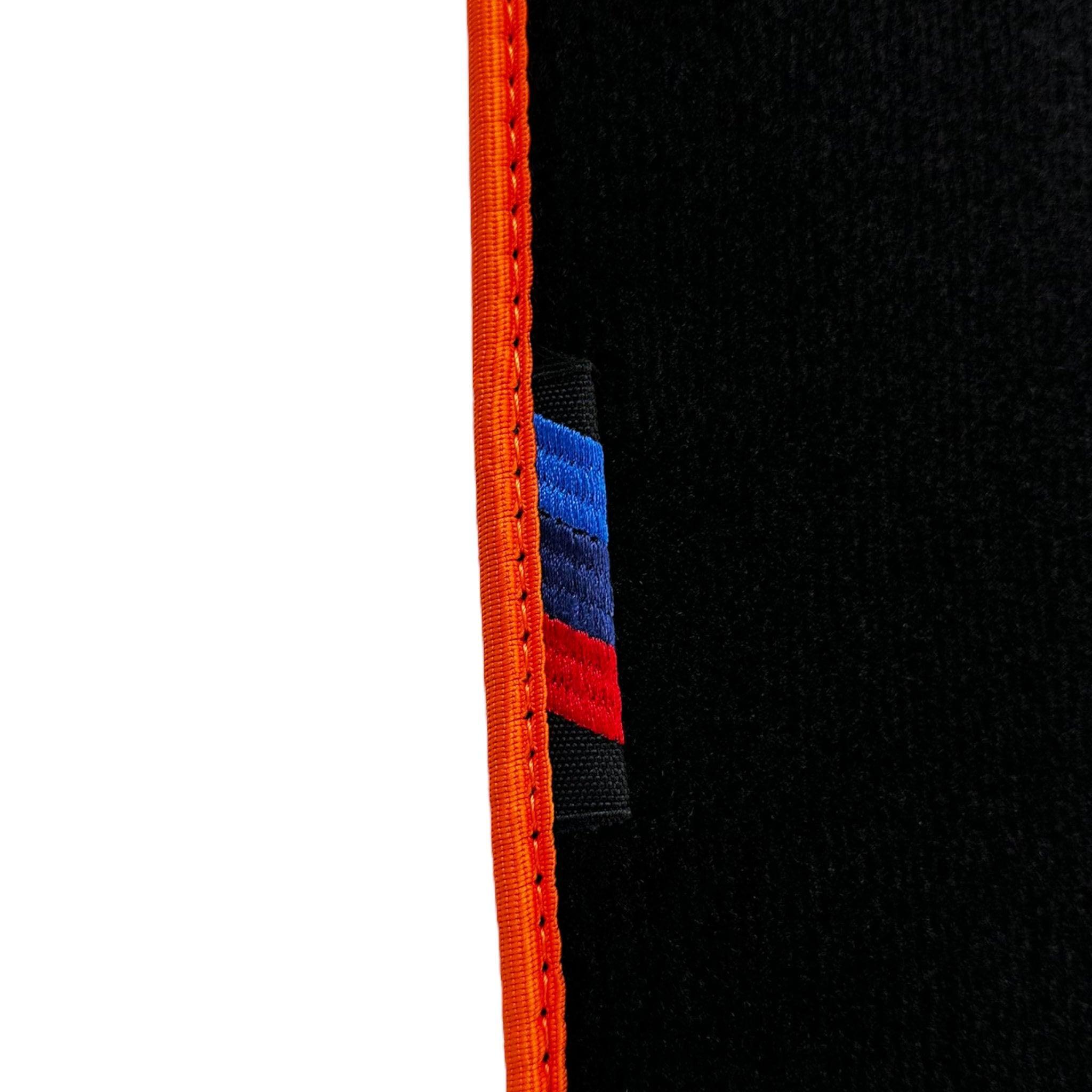 Black Floor Mats For BMW 2 Series U06 (2022-2026) | Orange Trim Custom Fit Premium Velour Floor Mats