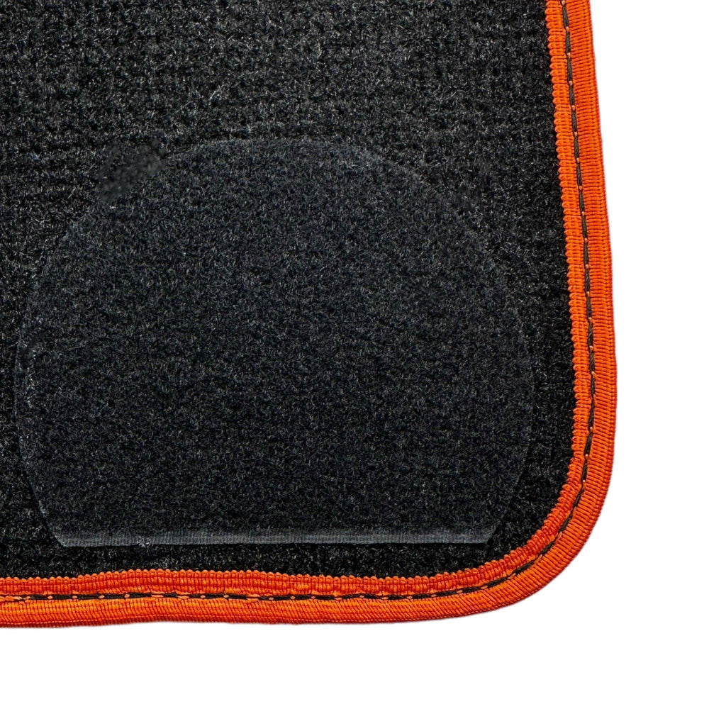 Black Floor Mats For BMW 2 Series U06 (2022-2026) | Orange Trim Custom Fit Premium Velour Floor Mats