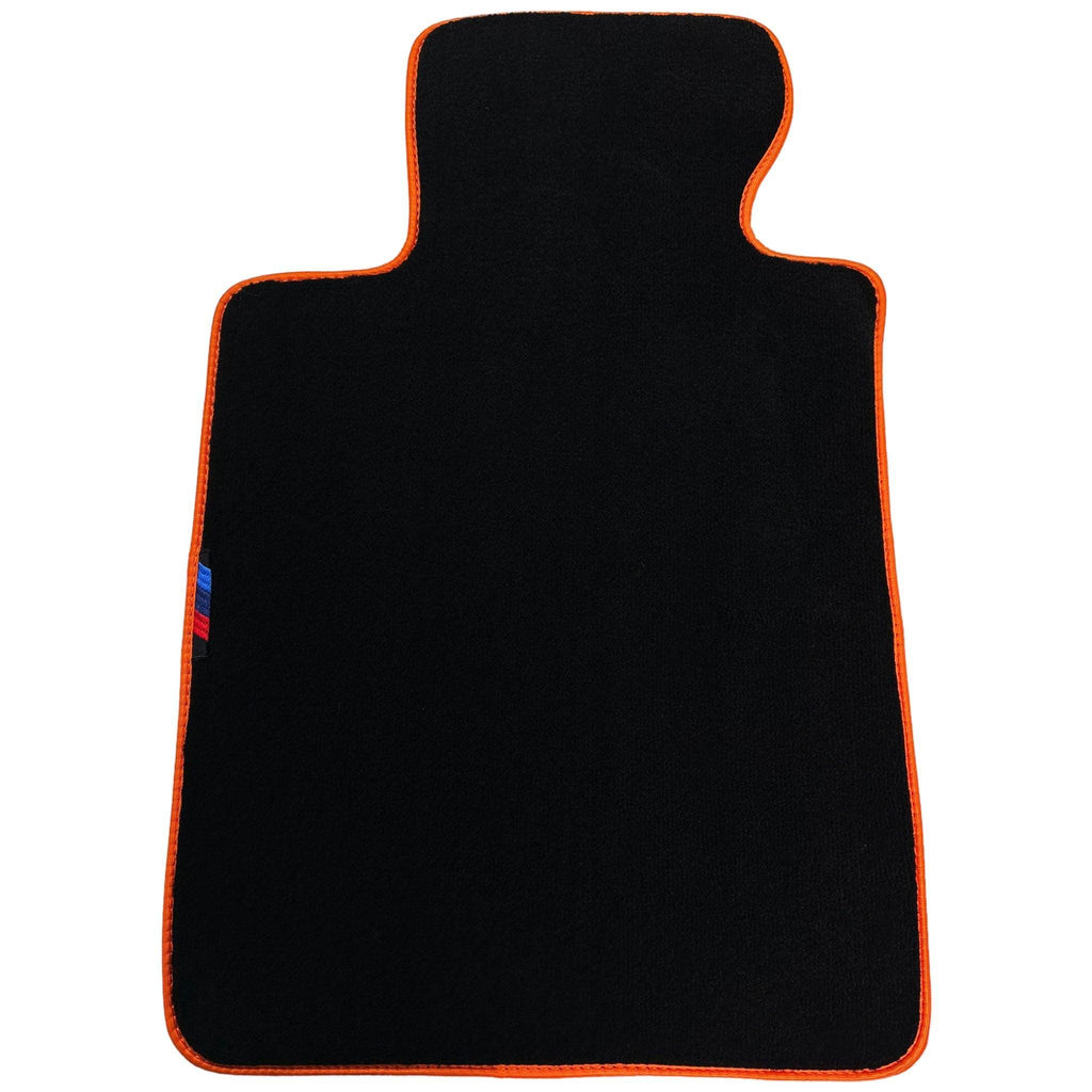 Black Floor Mats For BMW 2 Series U06 (2022-2026) | Orange Trim Custom Fit Premium Velour Floor Mats