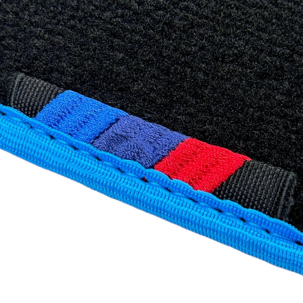 Black Floor Mats For BMW G61 (2023-2026) Touring | Sky Blue Trim Custom Fit Premium Velour Floor Mats