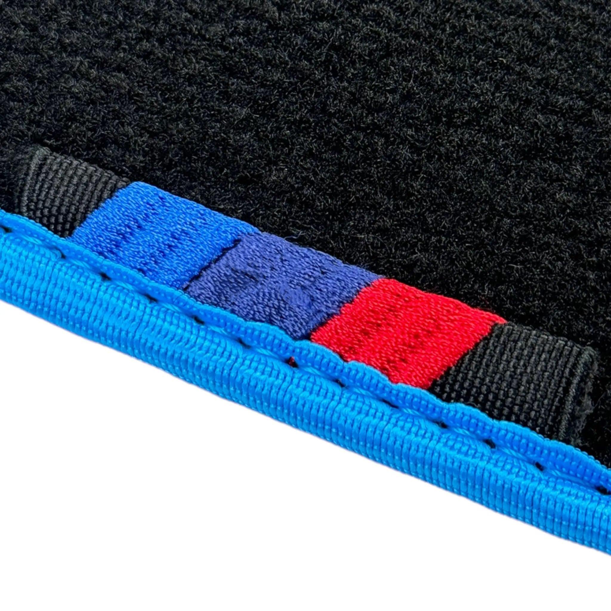 Black Floor Mats For BMW 2 Series U06 (2022-2026) | Sky Blue Trim Custom Fit Premium Velour Floor Mats