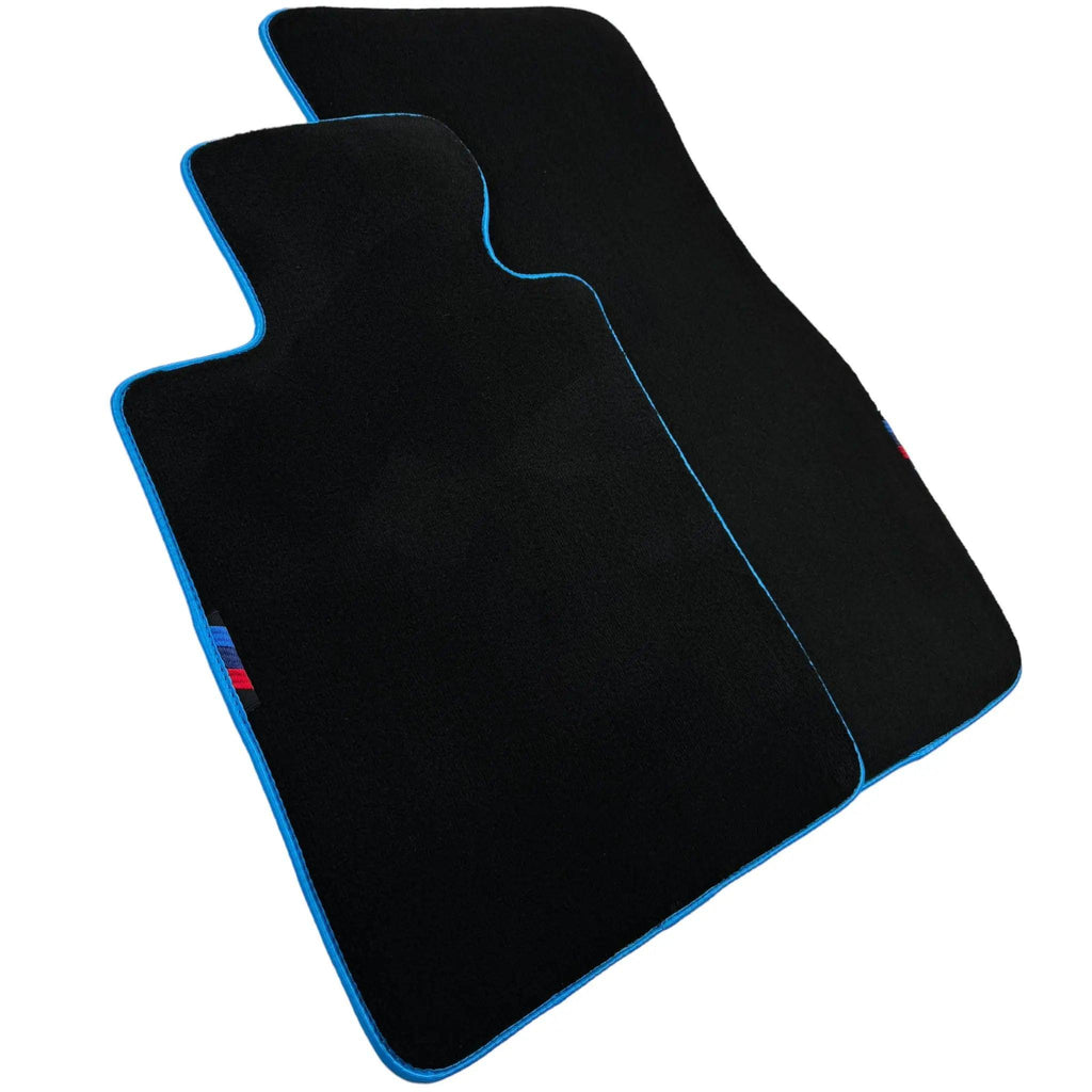 Black Floor Mats For BMW 2 Series U06 (2022-2026) | Sky Blue Trim Custom Fit Premium Velour Floor Mats